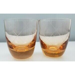 Pink Peach Etched Crystal Glass Shot Glass Set 2 Cordial Liqueur Barware Vintage